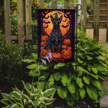 Load image into Gallery viewer, Belgian Malinois Witchy Halloween Garden Flag – Witch Dog with Pumpkins, Bats &amp; Jack-o'-Lanterns