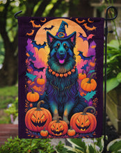 Load image into Gallery viewer, Belgian Sheepdog Witchy Halloween Garden Flag – Witch Dog with Pumpkins, Bats &amp; Jack-o'-Lanterns