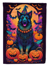 Load image into Gallery viewer, Belgian Sheepdog Witchy Halloween Garden Flag – Witch Dog with Pumpkins, Bats &amp; Jack-o'-Lanterns