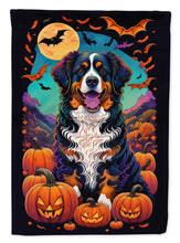Load image into Gallery viewer, Bernese Mountain Dog Witchy Halloween Garden Flag – Witch Dog with Pumpkins, Bats &amp; Jack-o'-Lanterns
