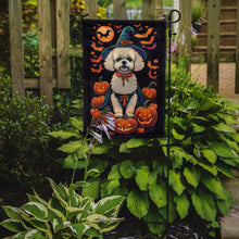 Load image into Gallery viewer, Bichon Frise Witchy Halloween Garden Flag – Witch Dog with Pumpkins, Bats &amp; Jack-o'-Lanterns