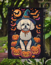 Load image into Gallery viewer, Bichon Frise Witchy Halloween Garden Flag – Witch Dog with Pumpkins, Bats &amp; Jack-o'-Lanterns
