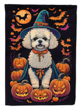 Load image into Gallery viewer, Bichon Frise Witchy Halloween Garden Flag – Witch Dog with Pumpkins, Bats &amp; Jack-o'-Lanterns