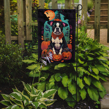 Load image into Gallery viewer, Boston Terrier Witchy Halloween Garden Flag – Witch Dog with Pumpkins, Bats &amp; Jack-o'-Lanterns