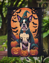 Load image into Gallery viewer, Boston Terrier Witchy Halloween Garden Flag – Witch Dog with Pumpkins, Bats &amp; Jack-o'-Lanterns