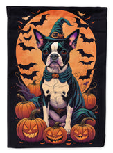 Load image into Gallery viewer, Boston Terrier Witchy Halloween Garden Flag – Witch Dog with Pumpkins, Bats &amp; Jack-o'-Lanterns
