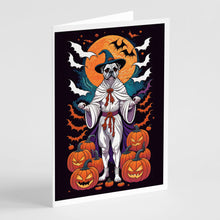 Load image into Gallery viewer, White Boxer Witchy Halloween Greeting Cards -  Blank Note Cards – 8-Pack of Artist-Designed Cards with Envelopes