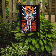 Load image into Gallery viewer, White Boxer Witchy Halloween Garden Flag – Witch Dog with Pumpkins, Bats &amp; Jack-o'-Lanterns