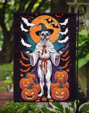 Load image into Gallery viewer, White Boxer Witchy Halloween Garden Flag – Witch Dog with Pumpkins, Bats &amp; Jack-o'-Lanterns