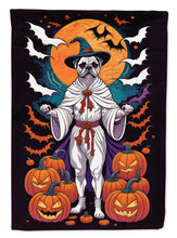 Load image into Gallery viewer, White Boxer Witchy Halloween Garden Flag – Witch Dog with Pumpkins, Bats &amp; Jack-o'-Lanterns