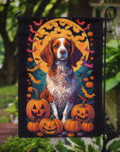 Load image into Gallery viewer, Brittany Spaniel Witchy Halloween Garden Flag – Witch Dog with Pumpkins, Bats &amp; Jack-o'-Lanterns