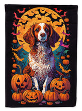 Load image into Gallery viewer, Brittany Spaniel Witchy Halloween Garden Flag – Witch Dog with Pumpkins, Bats &amp; Jack-o'-Lanterns