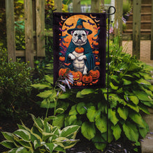 Load image into Gallery viewer, White English Bulldog Witchy Halloween Garden Flag – Witch Dog with Pumpkins, Bats &amp; Jack-o'-Lanterns