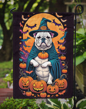 Load image into Gallery viewer, White English Bulldog Witchy Halloween Garden Flag – Witch Dog with Pumpkins, Bats &amp; Jack-o'-Lanterns