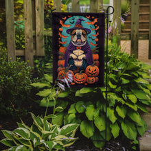Load image into Gallery viewer, English Bulldog Witchy Halloween Garden Flag – Witch Dog with Pumpkins, Bats &amp; Jack-o'-Lanterns