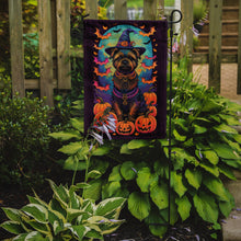 Load image into Gallery viewer, Cairn Terrier Witchy Halloween Garden Flag – Witch Dog with Pumpkins, Bats &amp; Jack-o'-Lanterns