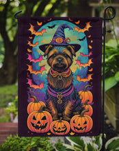 Load image into Gallery viewer, Cairn Terrier Witchy Halloween Garden Flag – Witch Dog with Pumpkins, Bats &amp; Jack-o'-Lanterns