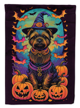 Load image into Gallery viewer, Cairn Terrier Witchy Halloween Garden Flag – Witch Dog with Pumpkins, Bats &amp; Jack-o'-Lanterns