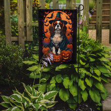 Load image into Gallery viewer, Cavalier Spaniel Witchy Halloween Garden Flag – Witch Dog with Pumpkins, Bats &amp; Jack-o'-Lanterns