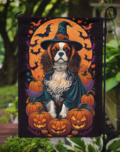 Load image into Gallery viewer, Cavalier Spaniel Witchy Halloween Garden Flag – Witch Dog with Pumpkins, Bats &amp; Jack-o'-Lanterns