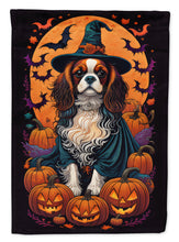 Load image into Gallery viewer, Cavalier Spaniel Witchy Halloween Garden Flag – Witch Dog with Pumpkins, Bats &amp; Jack-o'-Lanterns
