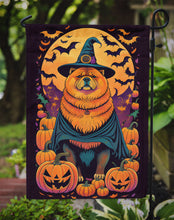 Load image into Gallery viewer, Chow Chow Witchy Halloween Garden Flag – Witch Dog with Pumpkins, Bats &amp; Jack-o'-Lanterns