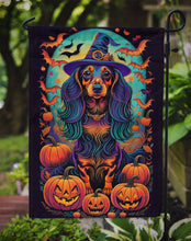 Load image into Gallery viewer, Longhair Black and Tan Dachshund Witchy Halloween Garden Flag – Witch Dog with Pumpkins, Bats &amp; Jack-o'-Lanterns