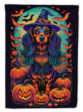 Load image into Gallery viewer, Longhair Black and Tan Dachshund Witchy Halloween Garden Flag – Witch Dog with Pumpkins, Bats &amp; Jack-o'-Lanterns