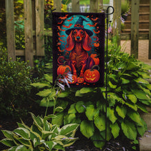 Load image into Gallery viewer, Longhair Dachshund Witchy Halloween Garden Flag – Witch Dog with Pumpkins, Bats &amp; Jack-o'-Lanterns
