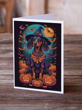 Load image into Gallery viewer, Black and Tan Dachshund Witchy Halloween Greeting Cards -  Blank Note Cards – 8-Pack of Artist-Designed Cards with Envelopes