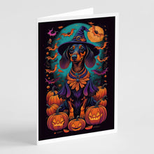 Load image into Gallery viewer, Black and Tan Dachshund Witchy Halloween Greeting Cards -  Blank Note Cards – 8-Pack of Artist-Designed Cards with Envelopes