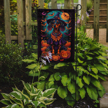 Load image into Gallery viewer, Black and Tan Dachshund Witchy Halloween Garden Flag – Witch Dog with Pumpkins, Bats &amp; Jack-o'-Lanterns