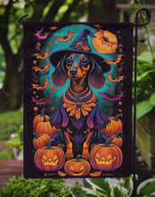 Load image into Gallery viewer, Black and Tan Dachshund Witchy Halloween Garden Flag – Witch Dog with Pumpkins, Bats &amp; Jack-o'-Lanterns