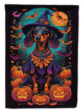 Load image into Gallery viewer, Black and Tan Dachshund Witchy Halloween Garden Flag – Witch Dog with Pumpkins, Bats &amp; Jack-o'-Lanterns