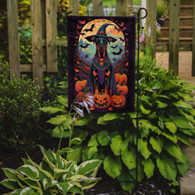 Load image into Gallery viewer, Doberman Pinscher Witchy Halloween Garden Flag – Witch Dog with Pumpkins, Bats &amp; Jack-o'-Lanterns