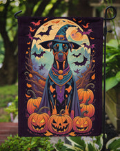 Load image into Gallery viewer, Doberman Pinscher Witchy Halloween Garden Flag – Witch Dog with Pumpkins, Bats &amp; Jack-o'-Lanterns