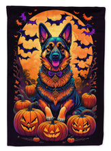 Load image into Gallery viewer, German Shepherd Witchy Halloween Garden Flag – Witch Dog with Pumpkins, Bats &amp; Jack-o'-Lanterns