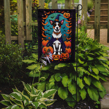 Load image into Gallery viewer, Jack Russell Terrier Witchy Halloween Garden Flag – Witch Dog with Pumpkins, Bats &amp; Jack-o'-Lanterns