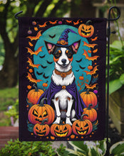 Load image into Gallery viewer, Jack Russell Terrier Witchy Halloween Garden Flag – Witch Dog with Pumpkins, Bats &amp; Jack-o'-Lanterns