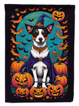 Load image into Gallery viewer, Jack Russell Terrier Witchy Halloween Garden Flag – Witch Dog with Pumpkins, Bats &amp; Jack-o'-Lanterns