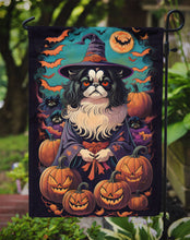 Load image into Gallery viewer, Japanese Chin Witchy Halloween Garden Flag – Witch Dog with Pumpkins, Bats &amp; Jack-o'-Lanterns
