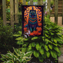 Load image into Gallery viewer, Keeshond Witchy Halloween Garden Flag – Witch Dog with Pumpkins, Bats &amp; Jack-o'-Lanterns