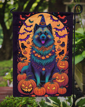 Load image into Gallery viewer, Keeshond Witchy Halloween Garden Flag – Witch Dog with Pumpkins, Bats &amp; Jack-o'-Lanterns