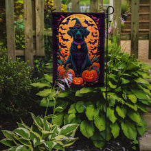 Load image into Gallery viewer, Black Labrador Retriever Witchy Halloween Garden Flag – Witch Dog with Pumpkins, Bats &amp; Jack-o'-Lanterns