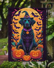 Load image into Gallery viewer, Black Labrador Retriever Witchy Halloween Garden Flag – Witch Dog with Pumpkins, Bats &amp; Jack-o'-Lanterns