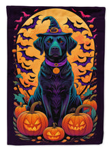 Load image into Gallery viewer, Black Labrador Retriever Witchy Halloween Garden Flag – Witch Dog with Pumpkins, Bats &amp; Jack-o'-Lanterns