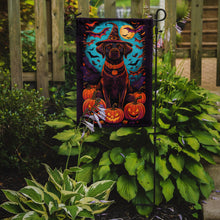 Load image into Gallery viewer, Chocolate Labrador Retriever Witchy Halloween Garden Flag – Witch Dog with Pumpkins, Bats &amp; Jack-o'-Lanterns