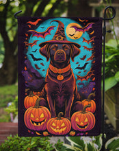 Load image into Gallery viewer, Chocolate Labrador Retriever Witchy Halloween Garden Flag – Witch Dog with Pumpkins, Bats &amp; Jack-o'-Lanterns