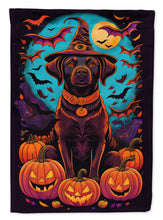 Load image into Gallery viewer, Chocolate Labrador Retriever Witchy Halloween Garden Flag – Witch Dog with Pumpkins, Bats &amp; Jack-o'-Lanterns
