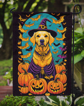 Load image into Gallery viewer, Yellow Labrador Retriever Witchy Halloween Garden Flag – Witch Dog with Pumpkins, Bats &amp; Jack-o'-Lanterns